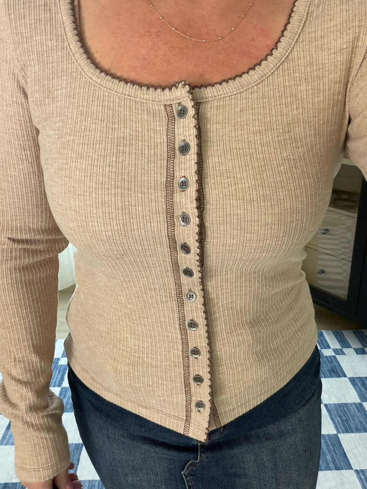 Contrast Stitch Button Front Ribbed Top