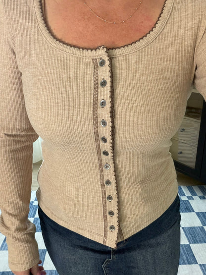 Contrast Stitch Button Front Ribbed Top