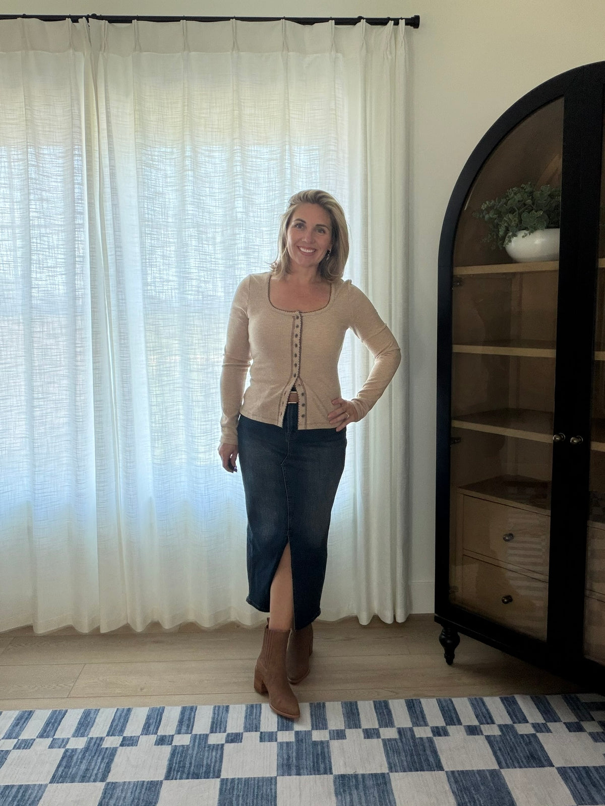 Contrast Stitch Button Front Ribbed Top