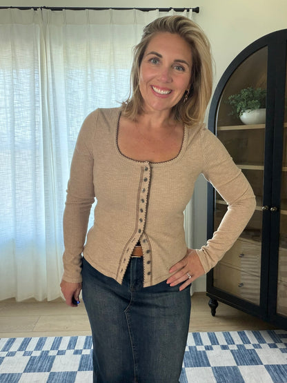 Contrast Stitch Button Front Ribbed Top