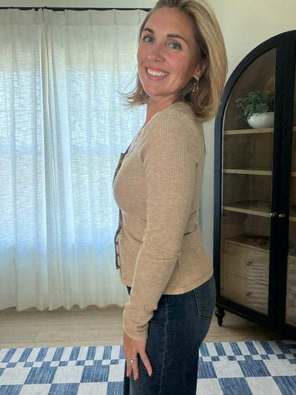 Contrast Stitch Button Front Ribbed Top