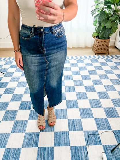 The Sloane Front Slit Denim Midi Skirt