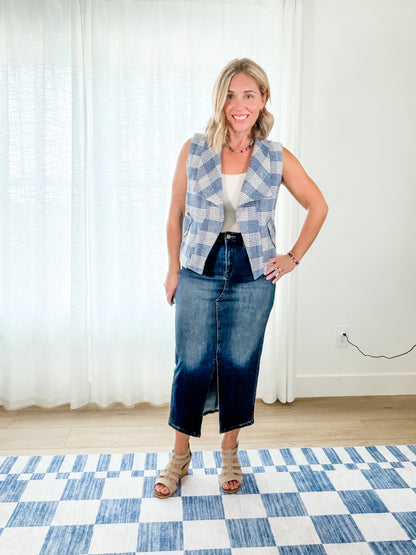 The Sloane Front Slit Denim Midi Skirt