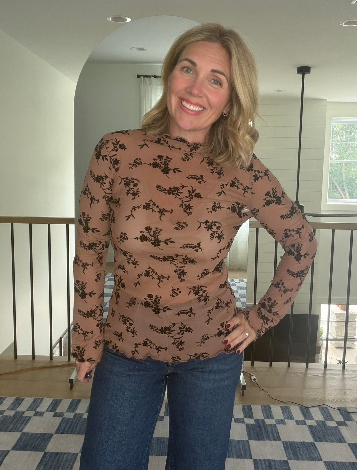 Velvet Flocked Floral Mesh Mock Neck Top