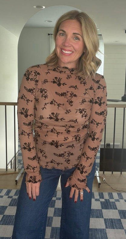 Velvet Flocked Floral Mesh Mock Neck Top