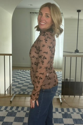 Velvet Flocked Floral Mesh Mock Neck Top