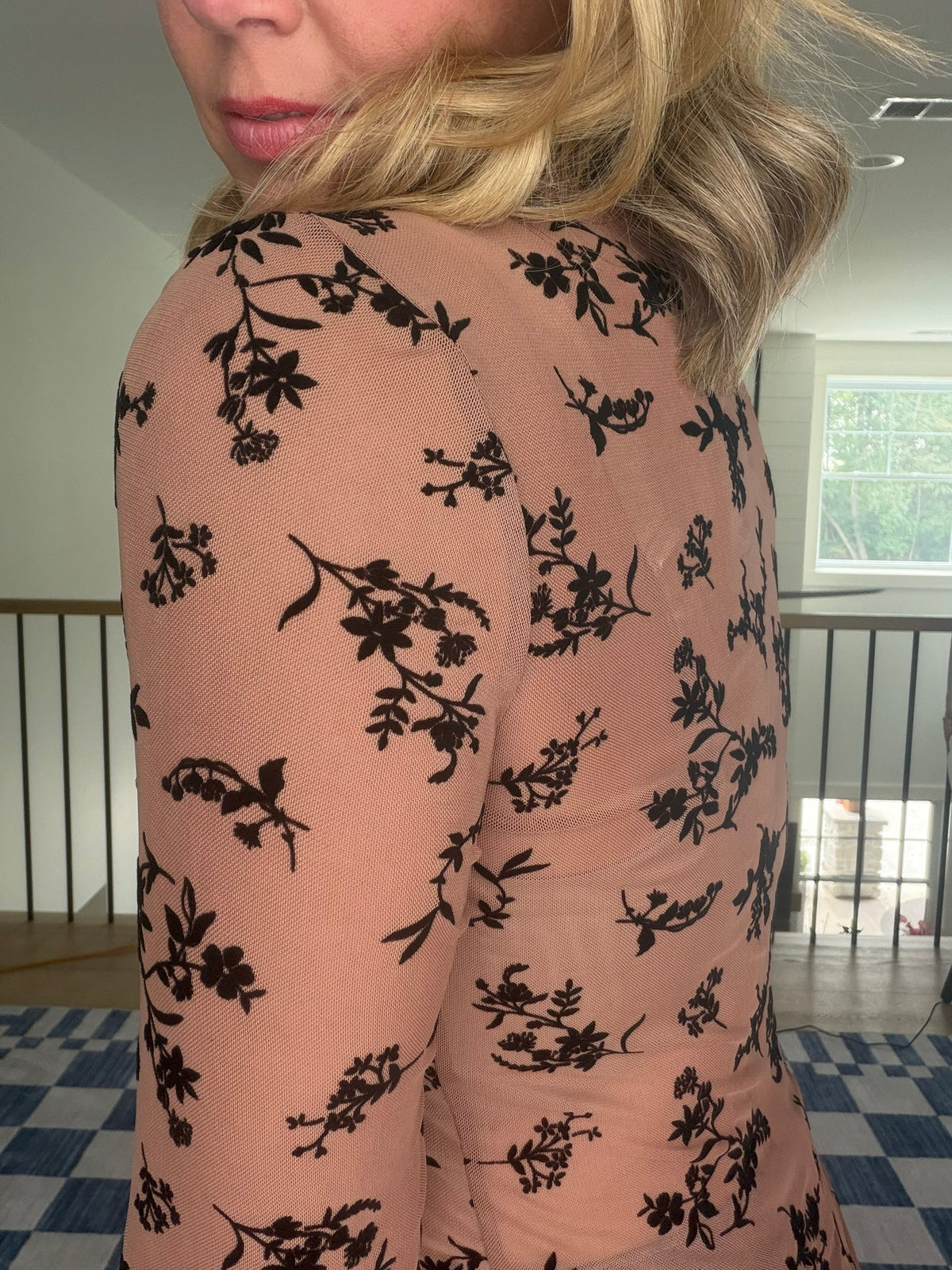 Velvet Flocked Floral Mesh Mock Neck Top