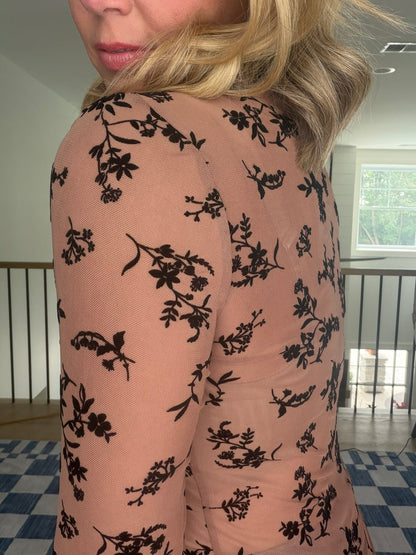 Velvet Flocked Floral Mesh Mock Neck Top