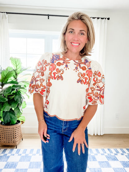The Camille Embroidered Faux Suede Top