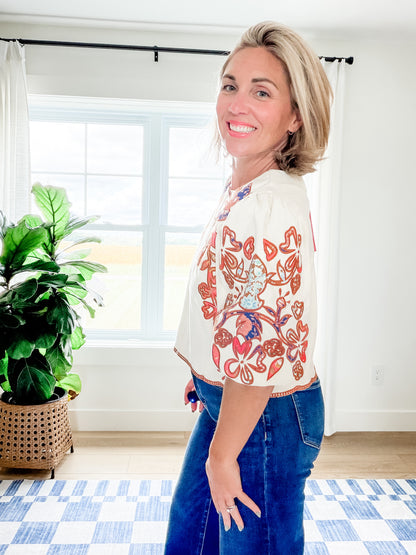The Camille Embroidered Faux Suede Top
