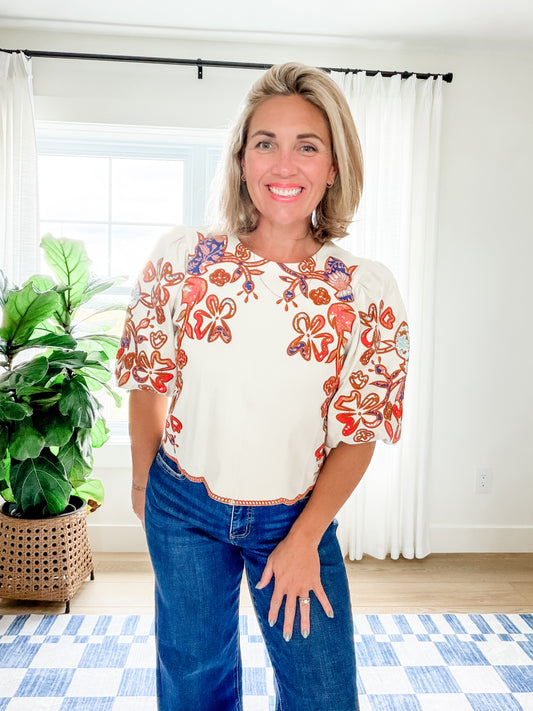 The Camille Embroidered Faux Suede Top