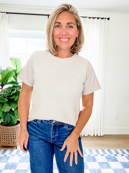 The Elle Faux Leather Sleeve Sweater Top