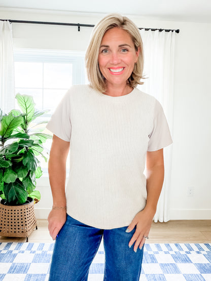 The Elle Faux Leather Sleeve Sweater Top