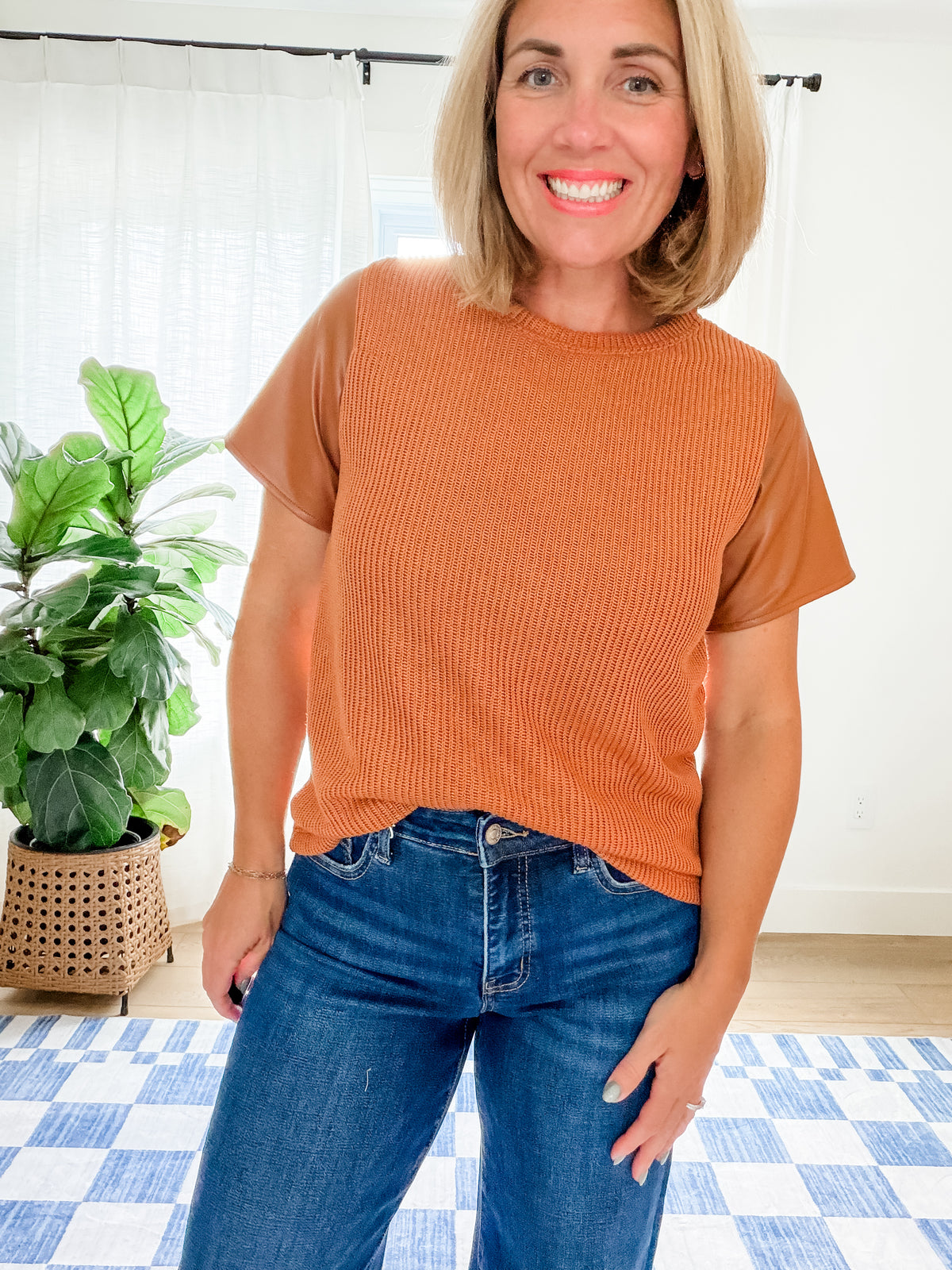 The Elle Faux Leather Sleeve Sweater Top
