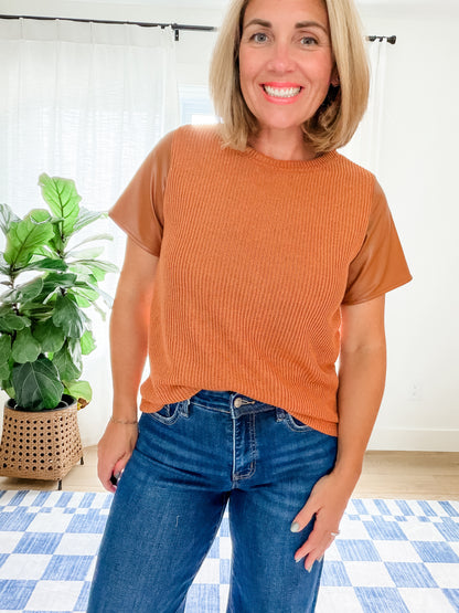 The Elle Faux Leather Sleeve Sweater Top