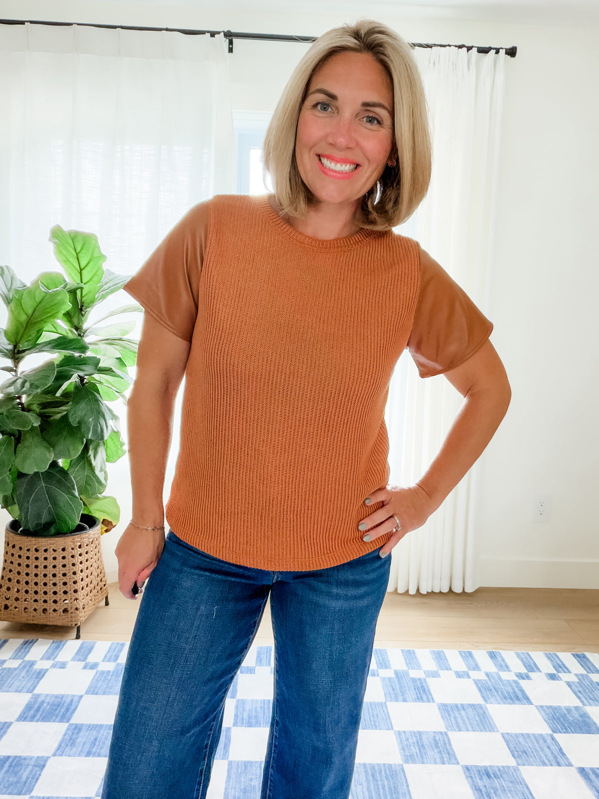 The Elle Faux Leather Sleeve Sweater Top