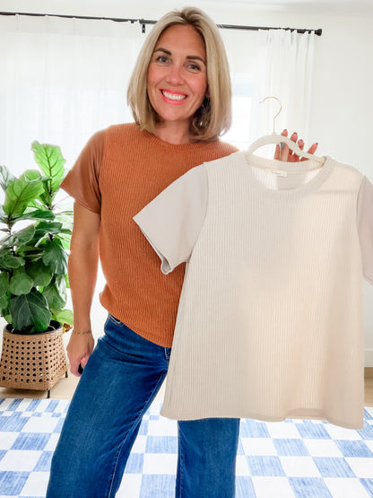 The Elle Faux Leather Sleeve Sweater Top