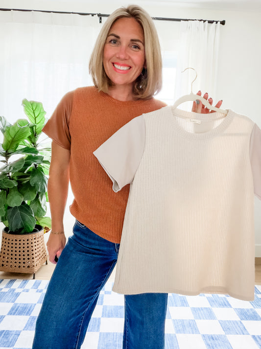 The Elle Faux Leather Sleeve Sweater Top