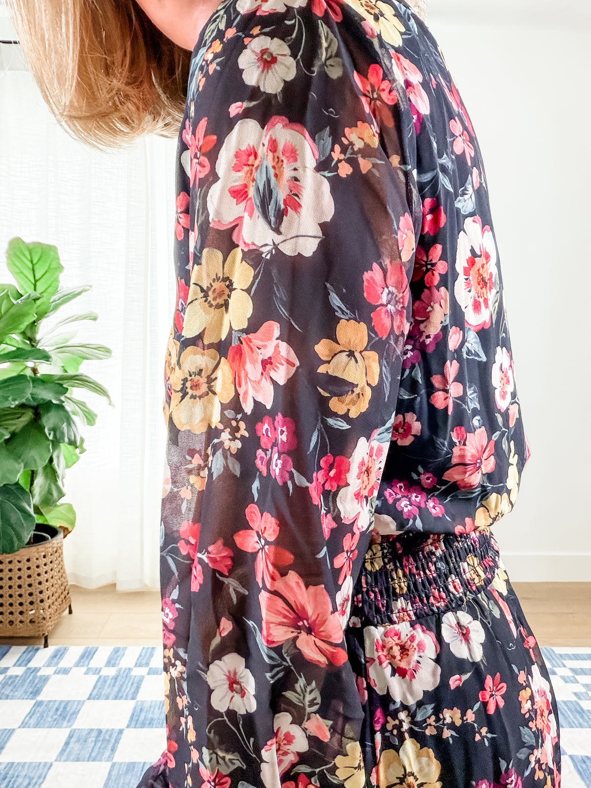 The Black Floral Smocked Waist Dress