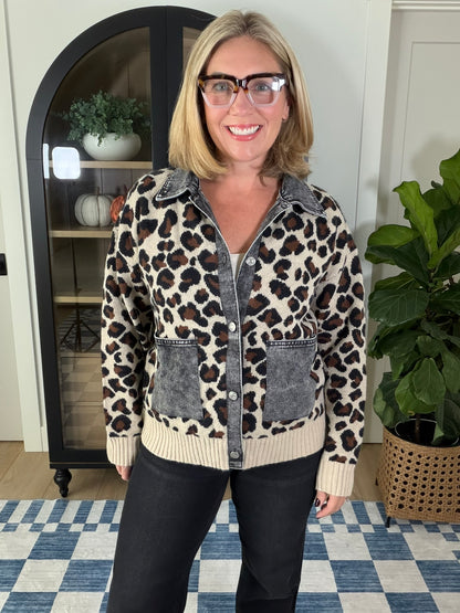 Leopard & Denim Patch Pocket Cardigan