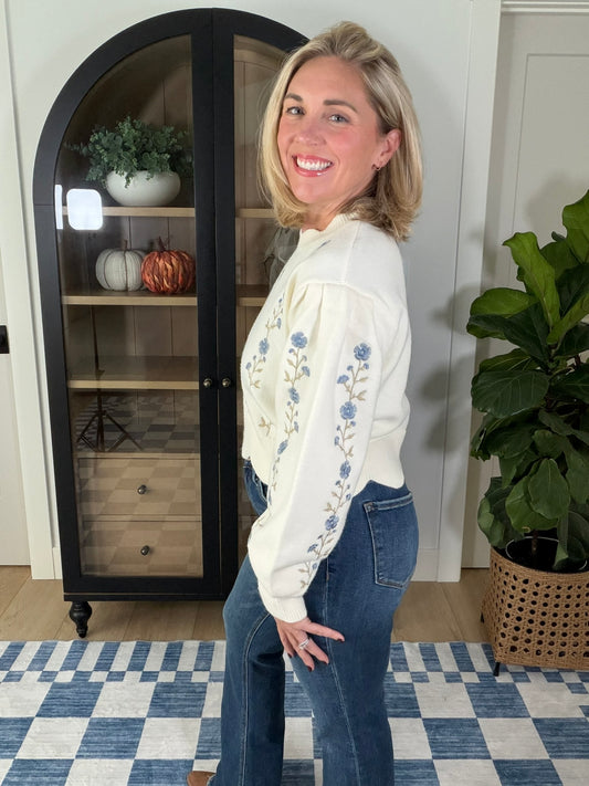 Ivory Floral Embroidered Scallop Hem Sweater