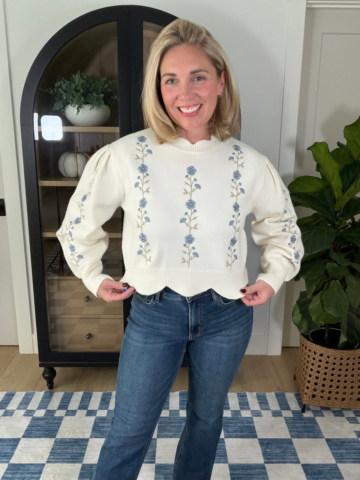Ivory Floral Embroidered Scallop Hem Sweater