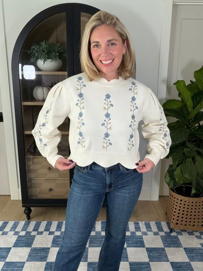 Ivory Floral Embroidered Scallop Hem Sweater
