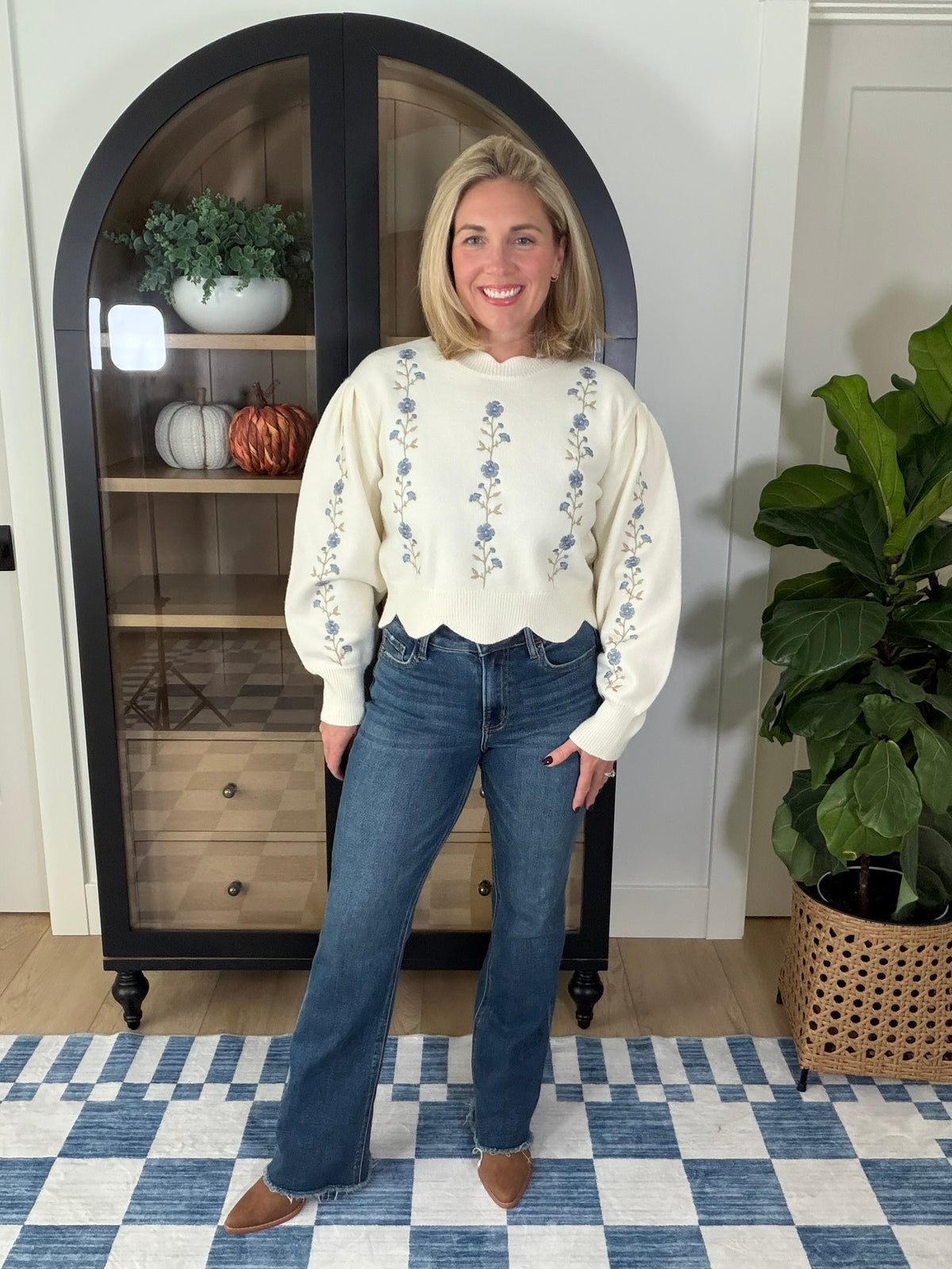 Ivory Floral Embroidered Scallop Hem Sweater