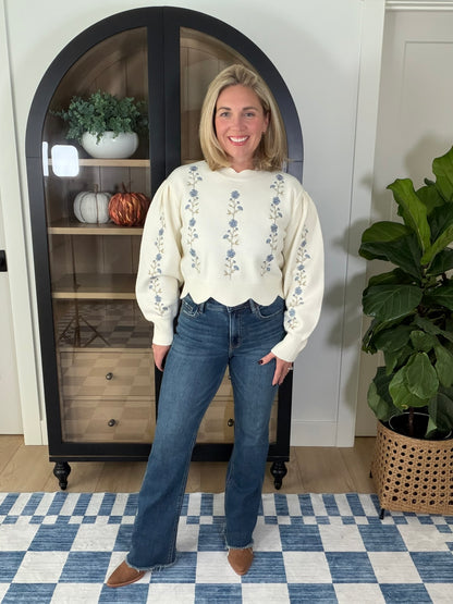 Ivory Floral Embroidered Scallop Hem Sweater
