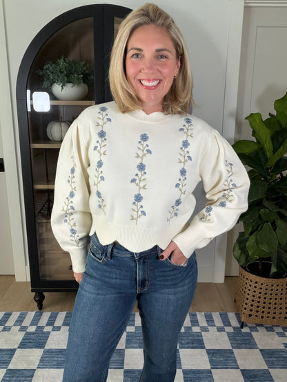 Ivory Floral Embroidered Scallop Hem Sweater