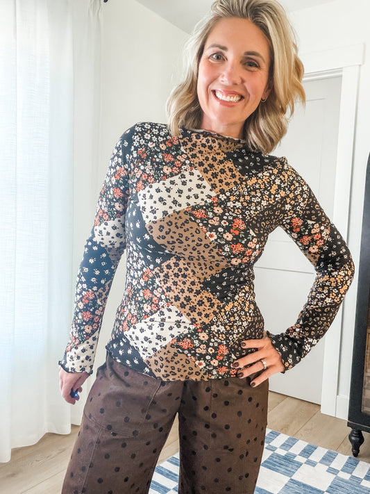 Mixed Print Patchwork Long Sleeve Top