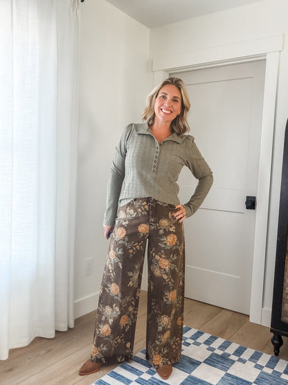 Brown Floral Print Wide-Leg Jeans