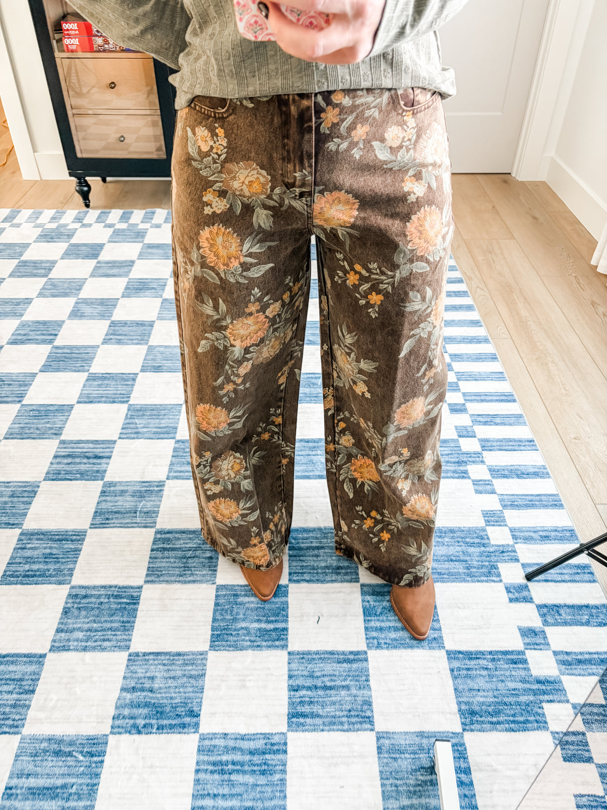 Brown Floral Print Wide-Leg Jeans