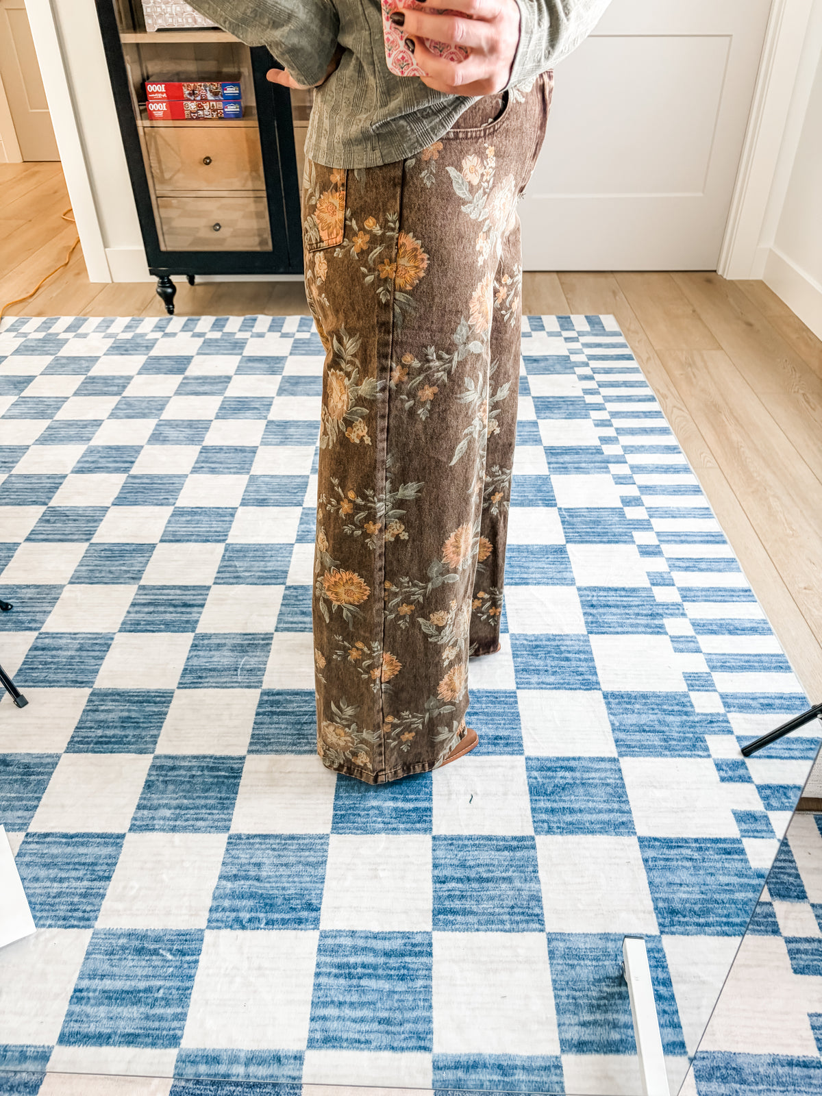 Brown Floral Print Wide-Leg Jeans