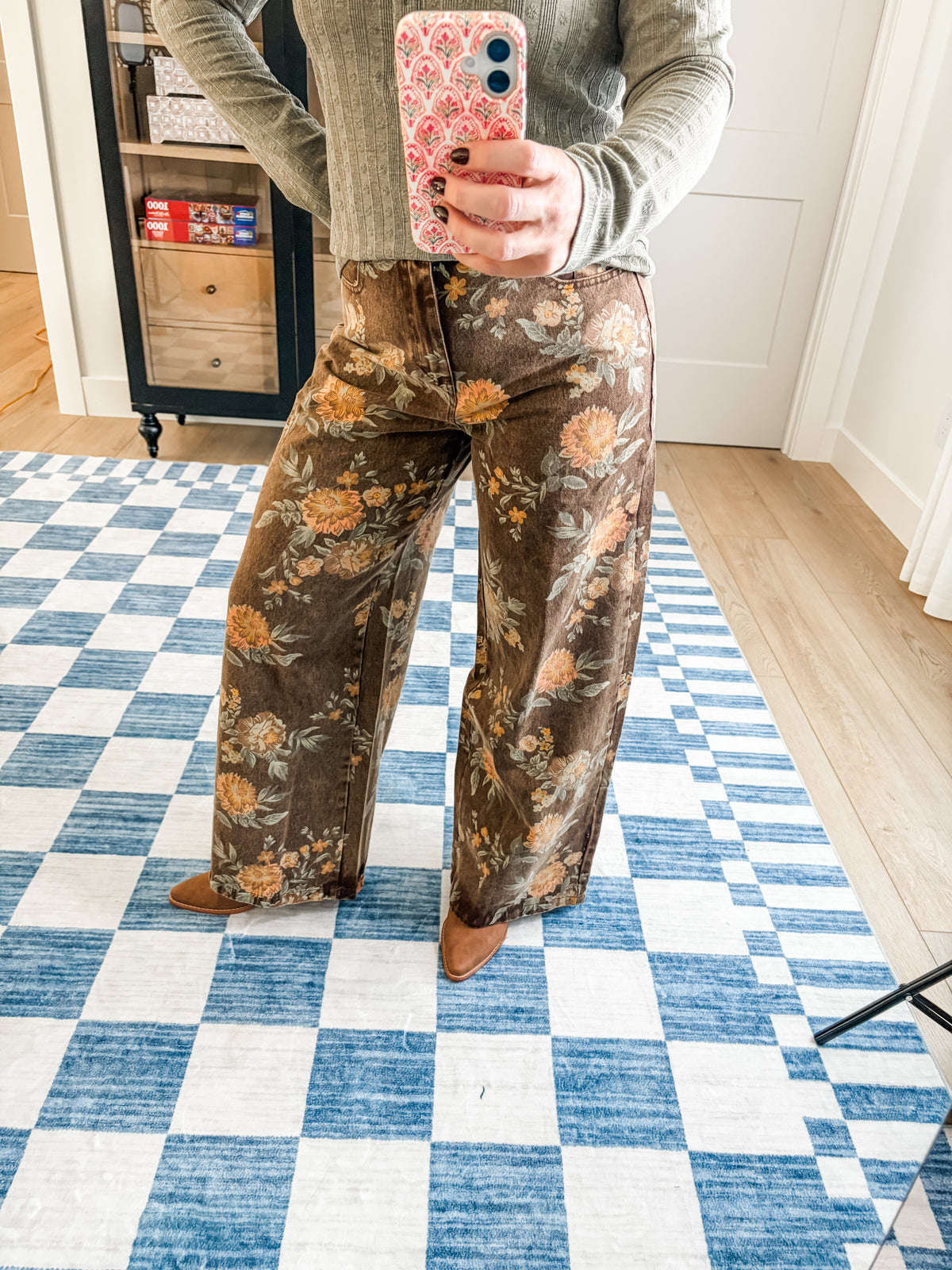 Brown Floral Print Wide-Leg Jeans
