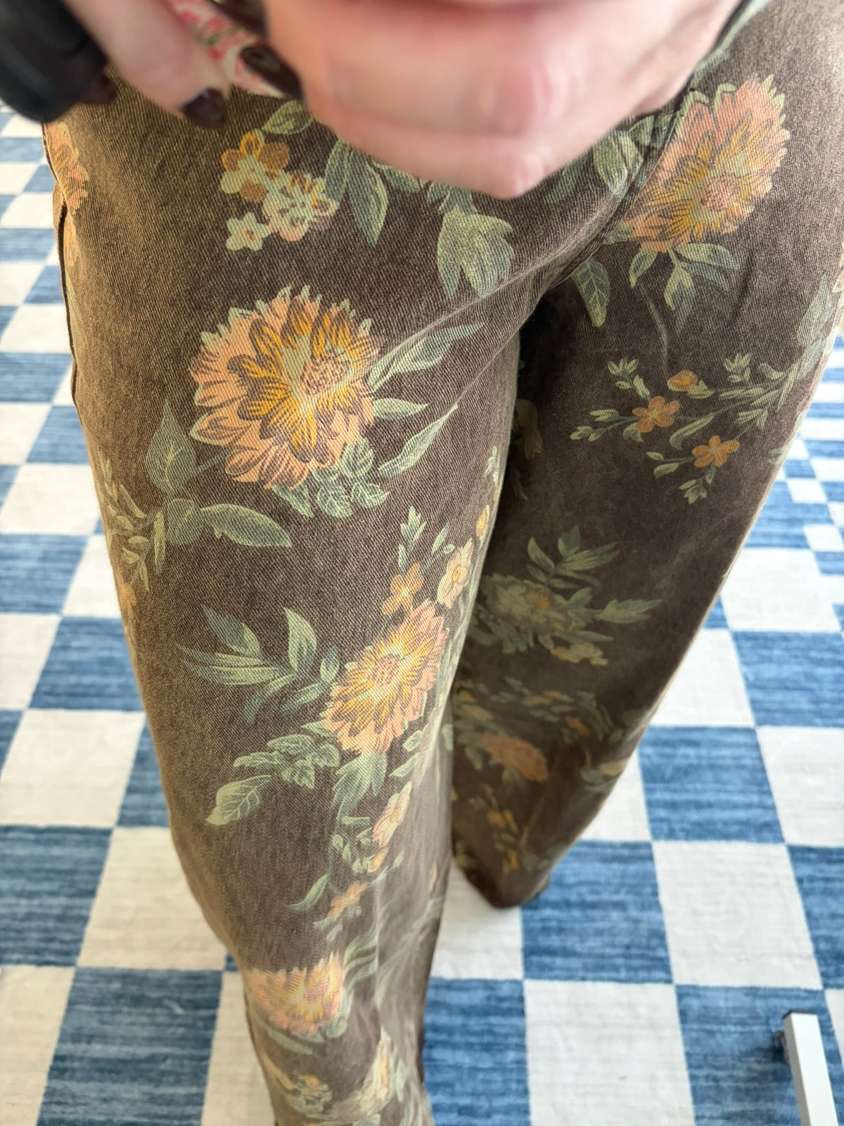 Brown Floral Print Wide-Leg Jeans
