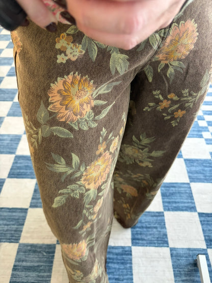 Brown Floral Print Wide-Leg Jeans