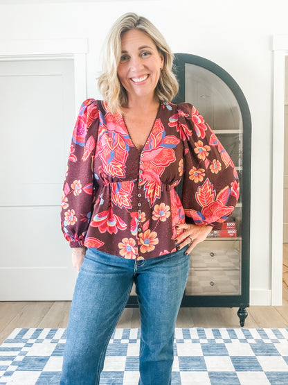 Burgundy Floral Button-Front Blouse