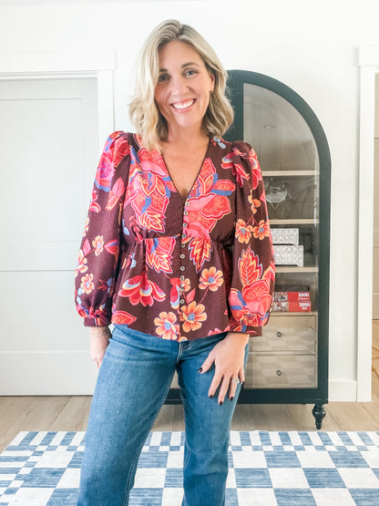 Burgundy Floral Button-Front Blouse