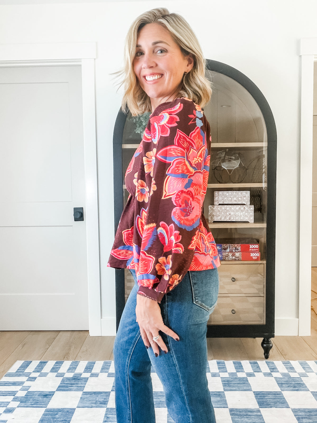Burgundy Floral Button-Front Blouse