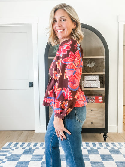 Burgundy Floral Button-Front Blouse