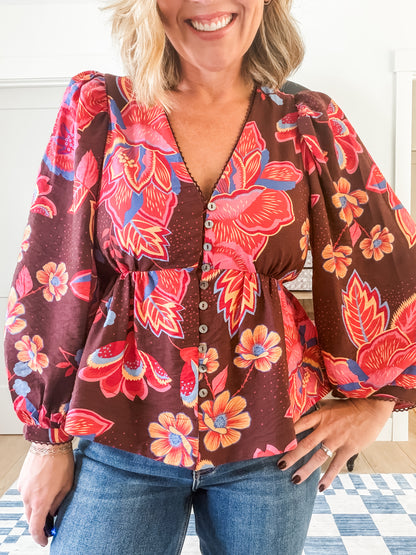 Burgundy Floral Button-Front Blouse