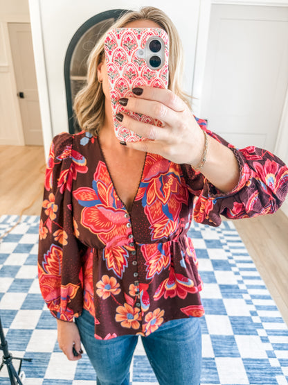 Burgundy Floral Button-Front Blouse