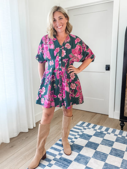 Green & Pink Floral Button-Front Dress