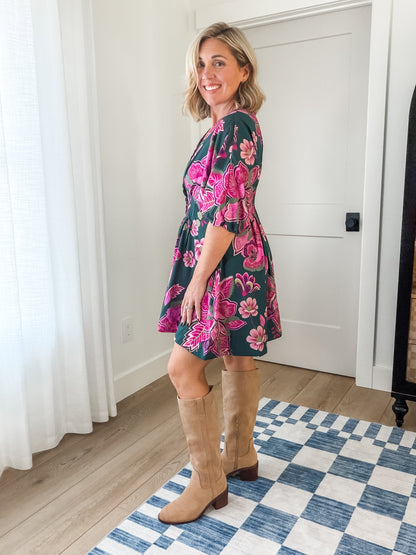 Green & Pink Floral Button-Front Dress