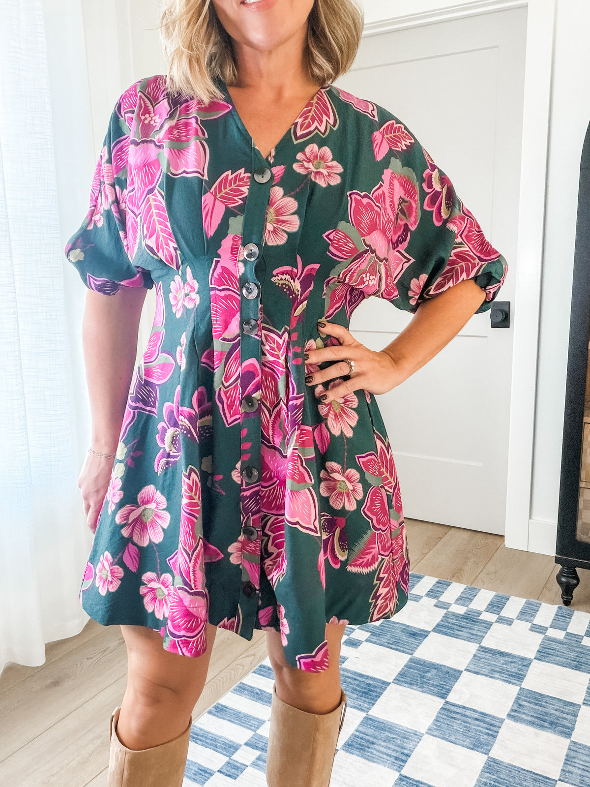 Green & Pink Floral Button-Front Dress
