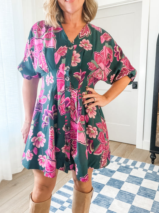 Green & Pink Floral Button-Front Dress