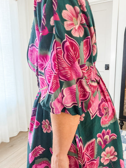 Green & Pink Floral Button-Front Dress