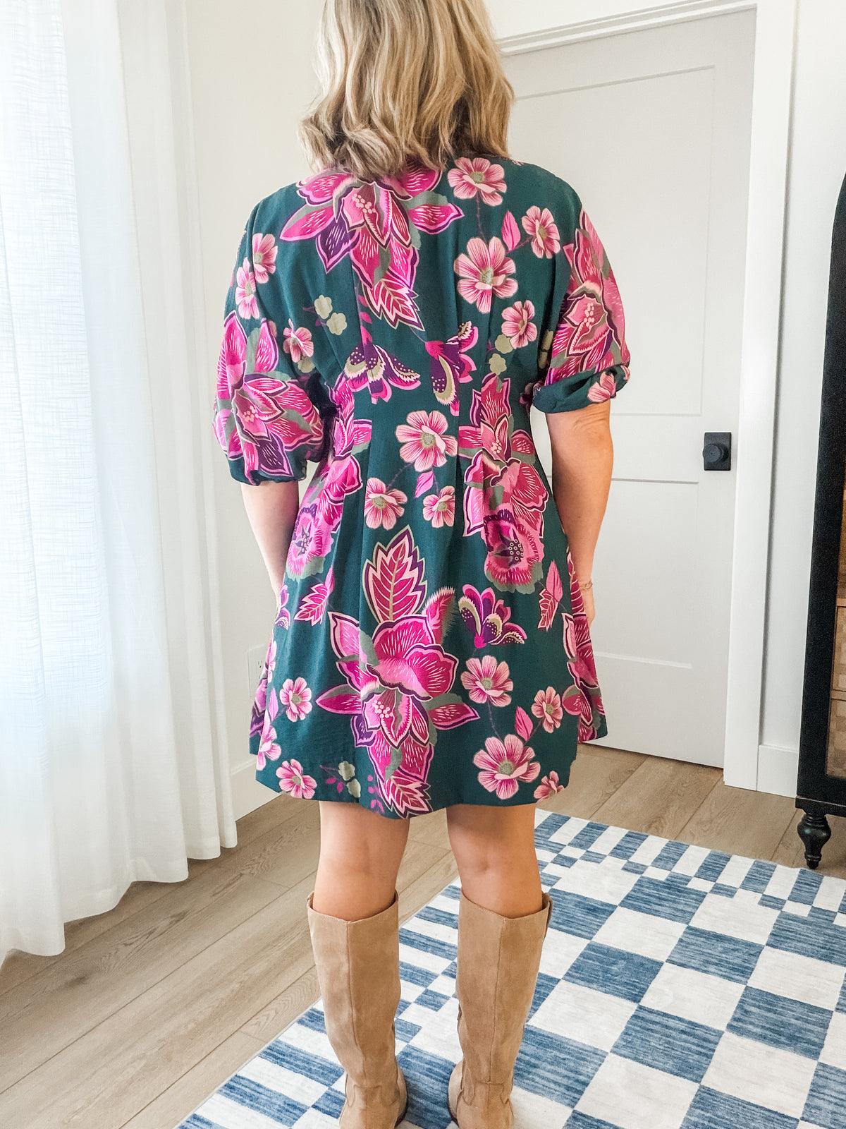 Green & Pink Floral Button-Front Dress
