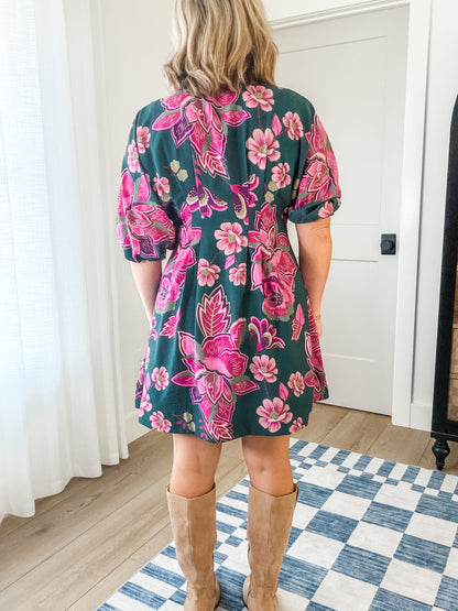 Green & Pink Floral Button-Front Dress
